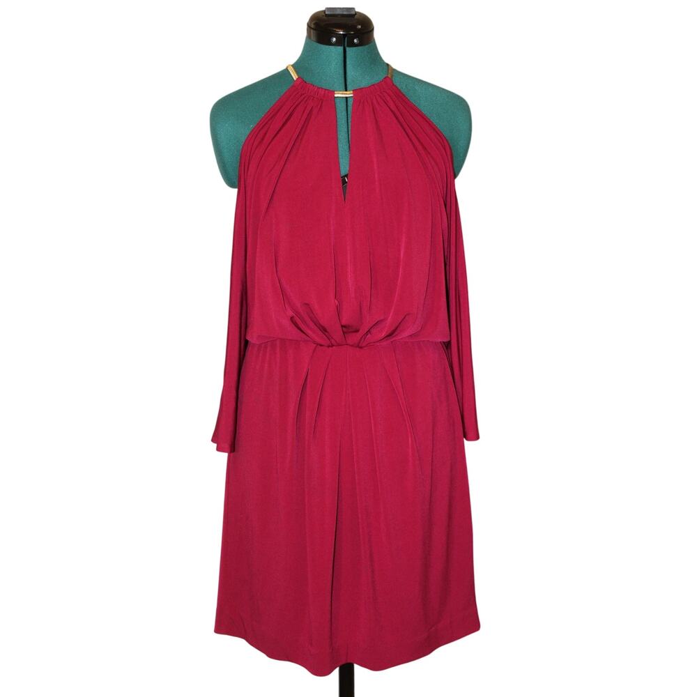 Trina Turk Magenta Cold Shoulder Halter Dress Gold Chain Women’s 4 Long Sleeve